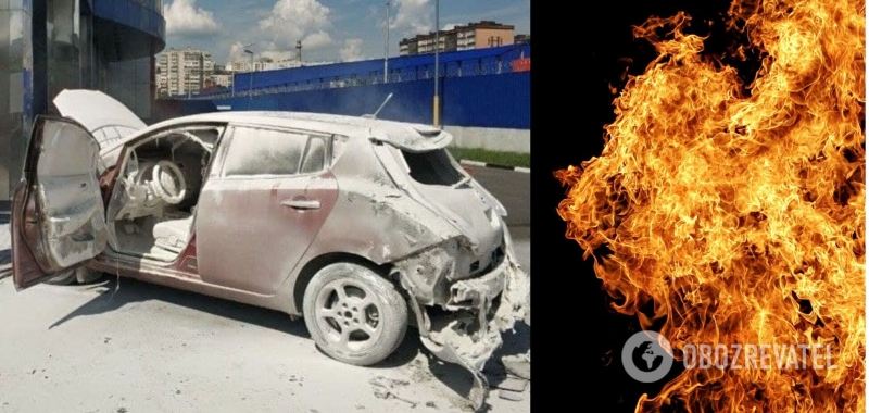 В Хмельницком на парковке ТЦ сгорел электромобиль Nissan. Видео пожара